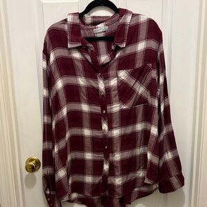Burgundy and White Plaid Button-Up Shirt